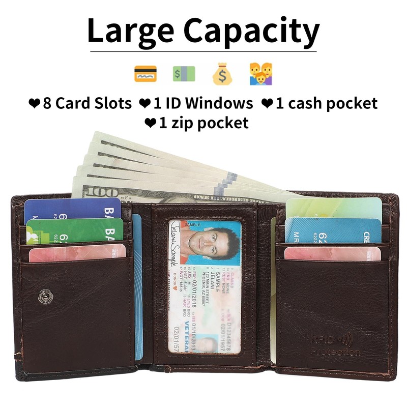LOUEBICA Men's Genuine Leather Wallet Trifold Wallet RFID Blocking Minimalist