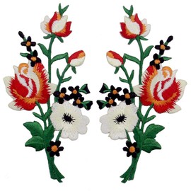 Flowers Bouquet Embroidered Badge Iron-on or Sew on Patch, Pack of 2, Red and White