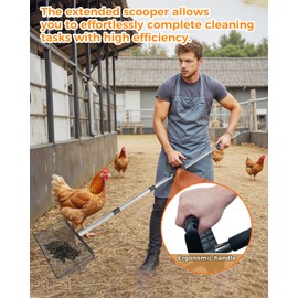 15-inch Large Chicken Poop Scooper, Heavy Duty Adjustable Chicken Coop Scoop for Sand with Ergonomic Grip,Metal Chicken Coop Scoop with 24 to 68"
