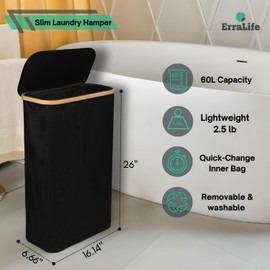 ErraLife Slim Laundry Hamper with Lid, 60L Capacity, Bamboo Handles, and Steel Ring Removable Inner Bag - Collapsible Clothes Basket Laundry Organizer for Bedroom, Bathroom, Dorm, Black