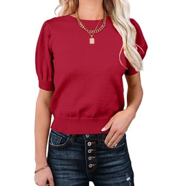 MACNOORA Womens Puff Short Sleeve Sweater Tops Crewneck Basic Knit Pullover Lightweight Solid Casual Sweaters Blouse Red