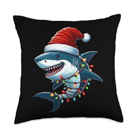 Shark Santa Hat Christmas Lights Sharkmas Tree Boys Girls Throw Pillow