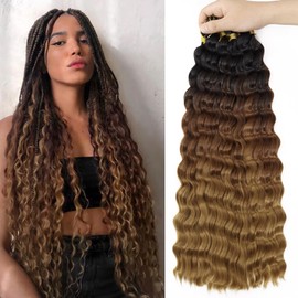 Eerya Ocean Wave Crochet Hair 24 Inch 6 Packs Deep Wave Crochet Hair for Black Women Synthetic Wavy Curly Braiding Hair for Boho Braids（24 inch,T1B/30/27）