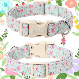 Unique style paws Dog Collar Quick Release Cotton Green Flowers Collar Gift Durable Cute Collar for Small Medium Large Boys Girls Dogs