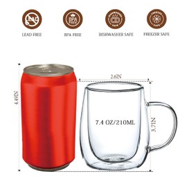 Wlasss Double Walled Glass Coffee Mugs Set of 4, 7.4 Oz Hand Blown Insulated Glass Coffee Cups with Handle, Clear Coffee Mugs for Cappuccino, Latte, Americano, Tea Bag, Hot/Cold Beverage