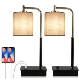 OYedis Set of 2 Touch Control Table Lamp 3-Way Dimmable Bedside Nightstand Lamp with USB Type C Port 1 AC Outlet Desk Lamp with Fabric Shade for Bedside, Office, Dorm(2 Bulb Included)