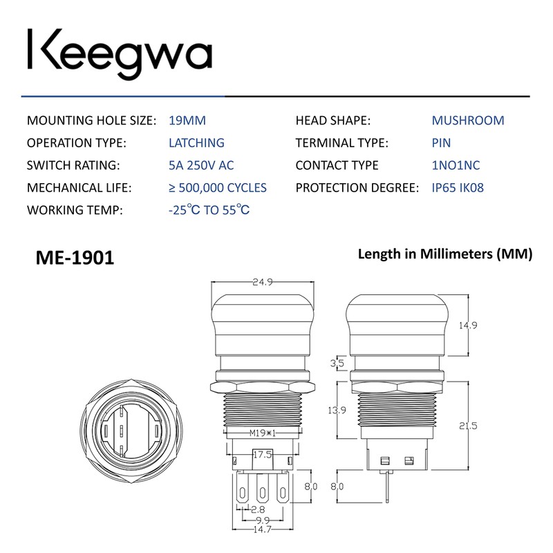 Keegwa 19mm Emergency Stop Push Button Switch Stainless Steel Metal