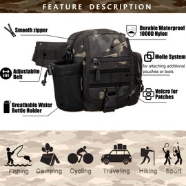 Tactical Waist Bag Fanny Pack for Men Riding Hiking Fishing Bag Multi-Purpose Portable Water Bottle Holder Waterproof 1000D Nylon (Black Camo)