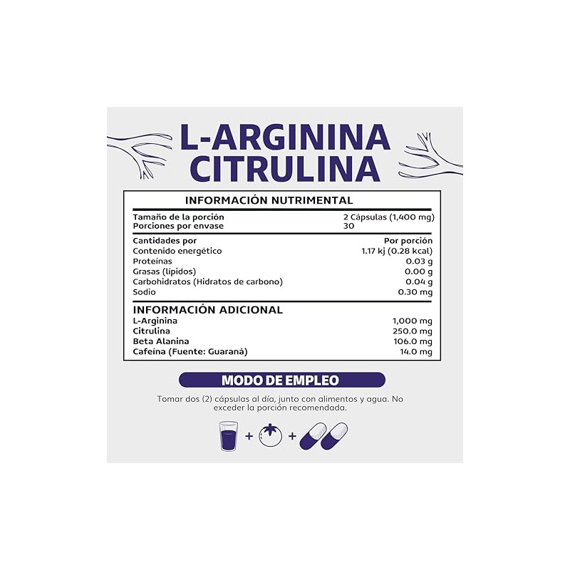 L-Arginina 1000mg + Citrulina + Beta Alanina + Cafeína (de