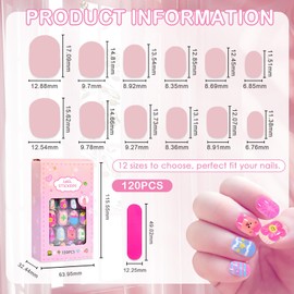 Jotia 120Pcs Press on Nails for Girls, Full Cover Fake Nail Tips Kit Pre Glue Short Stick on Nails for Children Little Girls Nail Art Decoration (D Pattern)