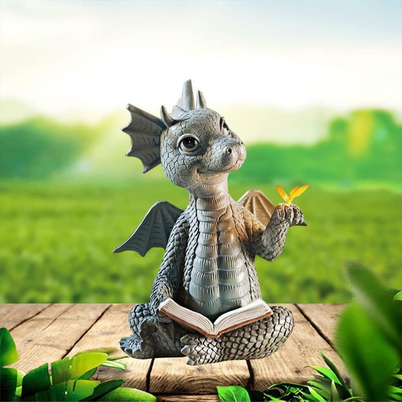 Youery Dragon Reading Book Statue, Beautiful Yard Sculpture, Resin Garden