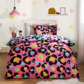 OHS Leopard Print Double Bedding, Reversible Quilt Covers for Girls Boys Summer Bedding Double with Pillowcases Ultra Soft Comfy, Neon