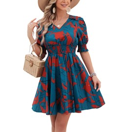 Kormei Women's Floral Print V Neck Dress Short Puff Sleeve Smocked Waist Ruffle Hem Flare Short Dress S Navy/Red