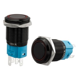 Yakamoz 2Pcs 16mm Waterproof Latching Push Button Switches, 12V Self-Locking Button On Off with Sockets Red LED Wiring Harness for Automotive, Marine, Industrial Machinery and DIY.