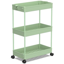 SPACEKEEPER Rolling Storage Cart 3 Tier, Bathroom Cart Organizer Laundry Room Organizer Utility Cart Mobile Shelving Unit Multi-Functional Shelves for Office, Kitchen, Bathroom, Green