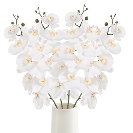 IPOPU 37 in 4 pcs White Orchid Artificial Flowers Fake Orchid Latex Silk Real Touch Artificial Flowers Long Stem Artificial Flowers for Tall Vase for Wedding Home Party Décor(White)