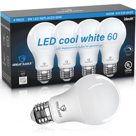 Great Eagle A19 LED Light Bulb, 9W (60W Equivalent), UL Listed, 4000K Cool White, 800 Lumens, dimmable, Standard Replacement (4 Pack)