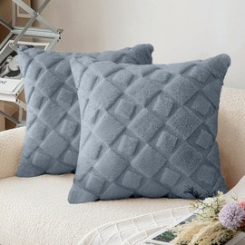 CJWLKJ 2Pcs Soft Faux Fur Throw Pillow Covers 18x18 - Plush Short Wool Velvet Decorative Pillow Covers - Couch Sofa Pillow Covers for Living Room - with 3D Plaid Pattern (Gray)