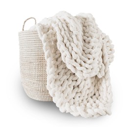 Adyrescia Chunky Knit Blanket Throw | 100% Hand Knit with Jumbo Chenille Yarn (60"x80", Cream White)