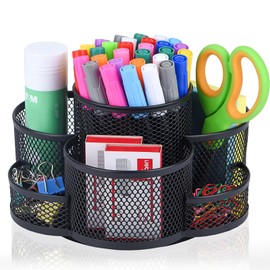 Organizador de Escritorio, Portalápices Multifuncional Giratorio de 360 Grados con 7 Compartimentos, Soporte para Bolígrafos de Malla, Organizador Oficina para Oficina, Escuela, Hogar (Negro)