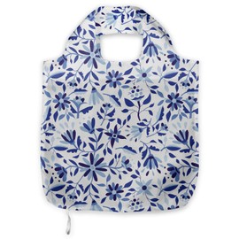 ABAKUHAUS Indigo Fabric Shopping Tote, Modern Minimalist Spring Time Flowers Swirls Leaves Image, Portable and Foldable Bag to Keep in Pocket Bag Purse & Car, Pale Blue Navy Blue