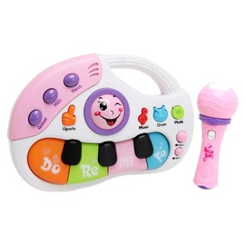 Baby Piano Toy Multifunctional Educational Drum Animal Sound Keyboard Piano Toy with Microphone Pink Green English