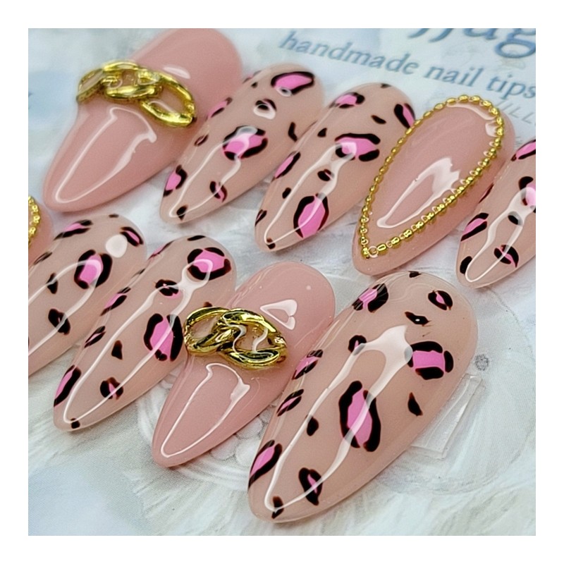 Indie Pink Leopard Handmade Nail Tips - Coffin Egg /