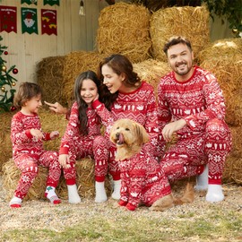 PATPAT Family Christmas Pajamas Matching Sets Reindeer Snowflake Pattern Pajamas Set for Couples Kids Christmas, red