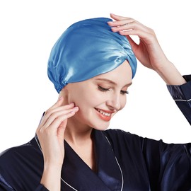 Miwen Silk Sleep Cap, Pure Mulberry Silk Turban, Hair Wrap & Head Cover, Hair Bonnet for Hair Care, Blue, Large