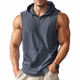 Men's Workout Hooded Tank Tops Zip Up Sleeveless Gym Shirts Bodybuilding Hoodies Muscle Cut Off T Shirt Bodybuilding Hoodies Dark Grey