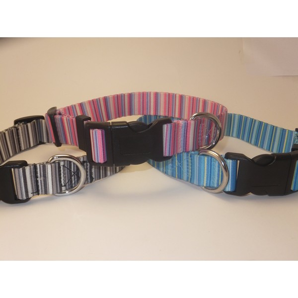 Nylon Poly New Fashion Design Multi Colored Striped Adjustable Dog Cat Collar with Plastic Pink, Blue, Black Small, Medium, and Large 8.5" to 27" (Blue, Small)