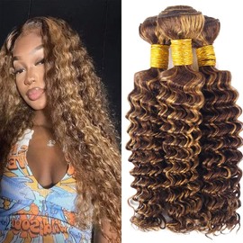 Dokksiiia Ombre Bundles P4/27 Highlight Deep Wave Bundles Human Hair Dark Brown and Honey Blonde Piano Color Mixed Brazilian Human Hair Sew-In Weave Extensions 14 16 18 Inch Tangle-Free