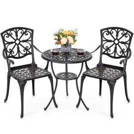NUU GARDEN 3 Piece Outdoor Bistro Set Cast Aluminum Patio Set Bistro Table Set Rustproof Patio Table and Chairs with Umbrella Hole for Backyard, Balcony, Front Porch, Black