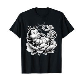 Caterpillar Smoking Hookah on Flower Blackwork T-Shirt