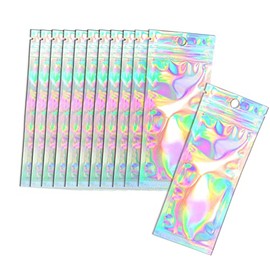 Trunple 100 Pcs Resealable Holographic Bags Small Ziplock Plastic Smell Proof Baggies for Party Favor Food Storage, Lip Gloss, Candy, Cosmetic & Jewelry Packaging, 2.4x5.9"