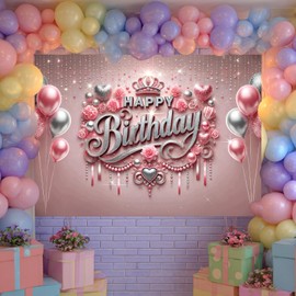 HOMETITUTE Happy Birthday Backdrop Banner Sign Elegant Pink And Silver Happy Birthday Backdrop With Crown And Balloons 96x72 Inch Decorative Party Banner For Birthdays Party Decoration Supplies