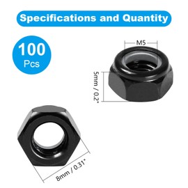 Yinpecly 100Pcs M5 x 0.8mm Nylon Insert Hex Lock Nuts Carbon Steel Zinc Plated Locknuts Self-Locking Nut M5 Metric Black Standard Threaded Nylock Nuts for Industrial Construction Fasteners