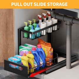 Under Sink Organizer, 2 Tier Metal Bathroom Cabinet Organizers and Storage, Pull Out Under Kitchen Sink Organizer, Slide Out Drawers Counter Organization for Laundry Pantry Vanity Closet(2 Pack)
