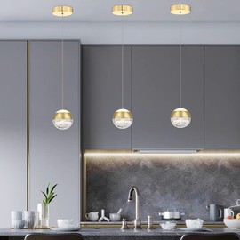 JoollySun Single Mini Pendant Light: 1-Light LED Modern Ceiling Hanging Lights Fixtures with Bubble Crystal Globe for Kitchen Island Bar Bathroom Bedside - Brushed Gold