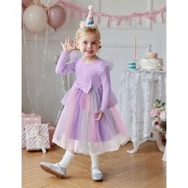 Arshiner Toddler Tulle Dress Princess Fall Tutu Long Sleeve Birthday Party Dresses Purple Rainbow 4-5T
