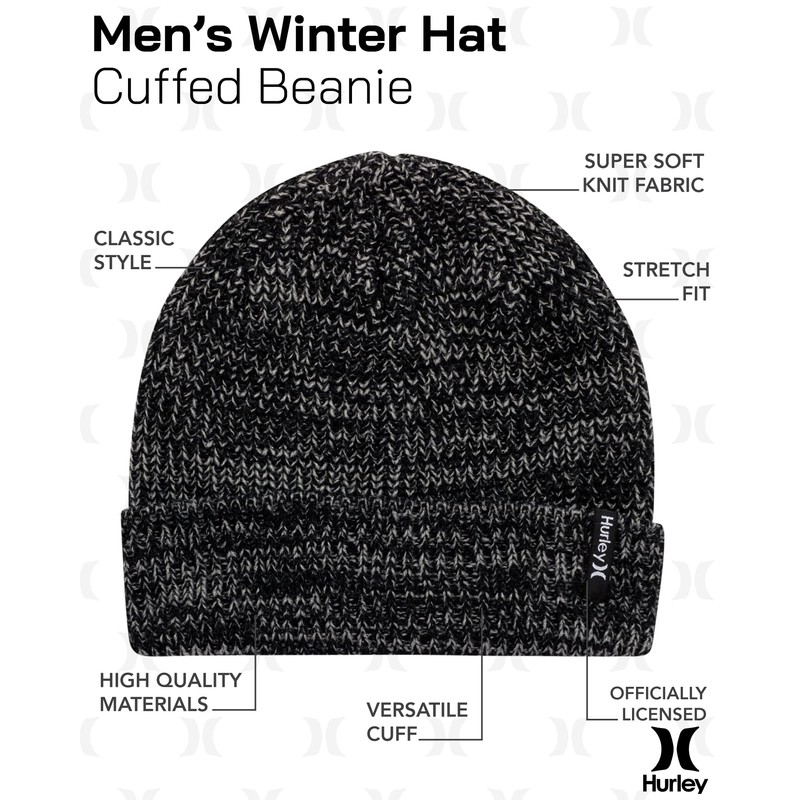 Hurley Men's Cuffed Beanie - Loose Knit Winter Hat (Black/Grey,