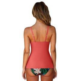 SUUKSESS Women's Tummy Control Tankini Halter Swimsuits Push Up Flowy Knot Front Bathing Suit 2 Piece Modest Swimwear(Coral Pink Leaf,M)