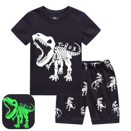 RKOIAN Little Boys Short Pajamas Sets Glow in The Dark Toddler PJS Cotton Kids Sleepwears (Black/T-Rex, 8 Tall)