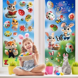 9 Sheets Easter Window Clings Cartoon DIY Easter Eggs Cute Bunny Chick Window Decals Double-Sided Spring Colorful Flower Happy Rabbit Stickers for Party Glass Decoration