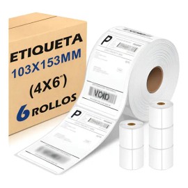6 Rollos Etiqueta Térmica 4x6 (102x152 Mm) Rollo 350 Pzs Cu                                                                                           