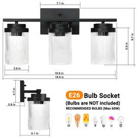 JUNNAI Black Bathroom Light Fixtures 3 Light Vanity Light Over Mirror with Grooved Glass Shade Vanity Lights for Bathroom Vanity Lighting Fixtures Wall Mount