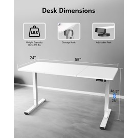 Zontera Standing Desk, Height Adjustable Electric Stand up Desk, 55 x 24 Inches Sit Stand Home Office Desk with Splice Board, White Frame/White Top