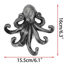 BSTKEY Cast Iron Octopus 5 Tentacles Decorative Wall Hook - Rustic Towel Hook Key Coat Rack (Silver)