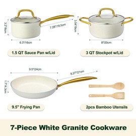 M MELENTA Pots and Pans Set Non Stick, 7 Piece White Granite Induction Cookware Set, Nonstick Kitchen Cooking Set with Gold Handle and Utensil, Oven Safe (PFOS, PFOA Free)