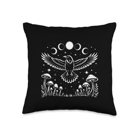 Crow Blackbird Raven Cottagecore Witchcore Mystical Moon Throw Pillow